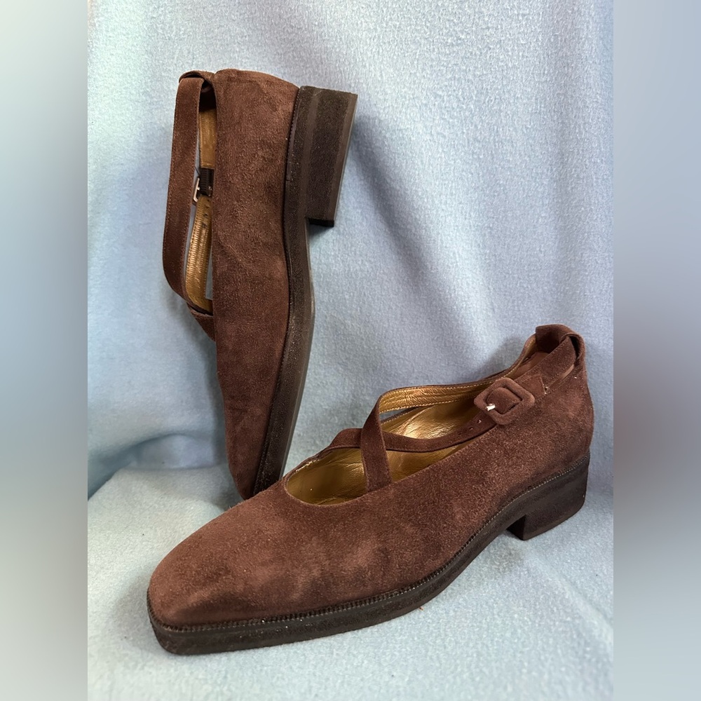 Yves Saint Laurent YSL Brown Suede Criss Cross Strap Mary Jane Chunky Heels - Picture 10 of 11